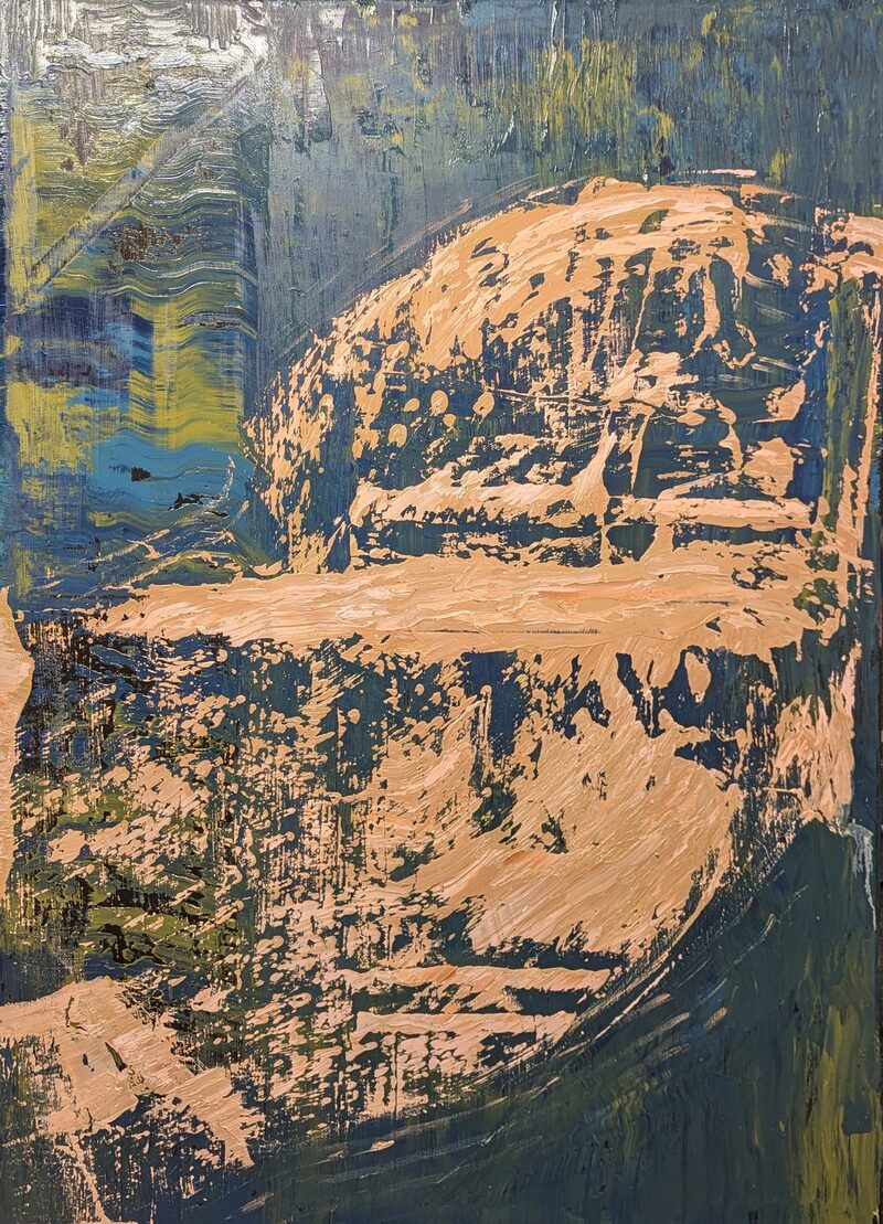 Batlow — abstract oil painting; a broken peach orb scraped over a slate blue-green ground with an olive-yellow band at the left