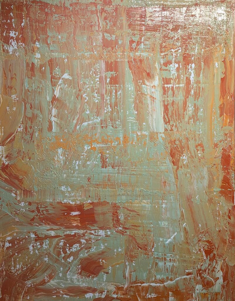 Big Mac — abstract oil painting in progress; burnt orange and salmon scraped thin over a pale sage ground