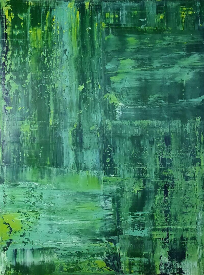 Forest Mint — abstract oil painting; scraped layers of mint, moss, and deep forest green flecked with chartreuse