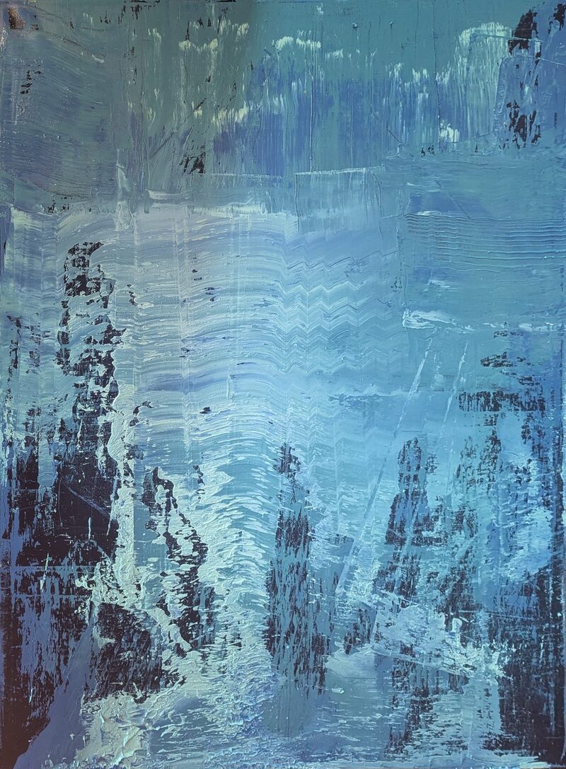 Glacial Drift — abstract oil painting; veils of pale ice blue and white pulled down over deep navy, like a fissured glacier wall