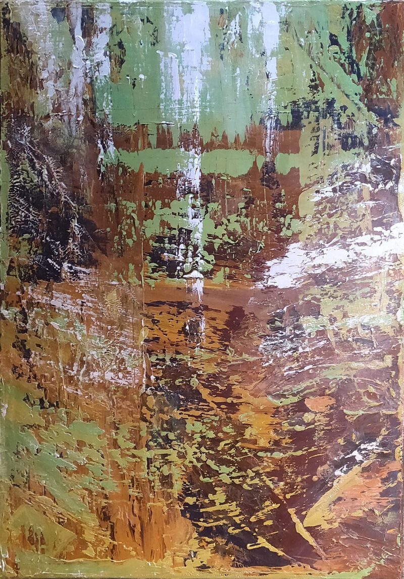Glasgow — abstract oil painting in mossy greens, ochres, and umber browns, with pale streaks falling through it like light in a wet forest