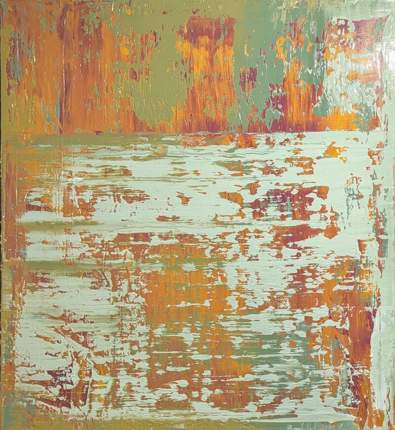 Hawaii — abstract oil painting; burnt orange and rust flickering through pale sage and mint, denser along the top edge
