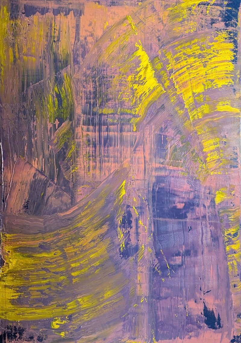 Plasma — abstract oil painting; arcing yellow strokes sweeping across blended pinks, lavenders, and soft violet