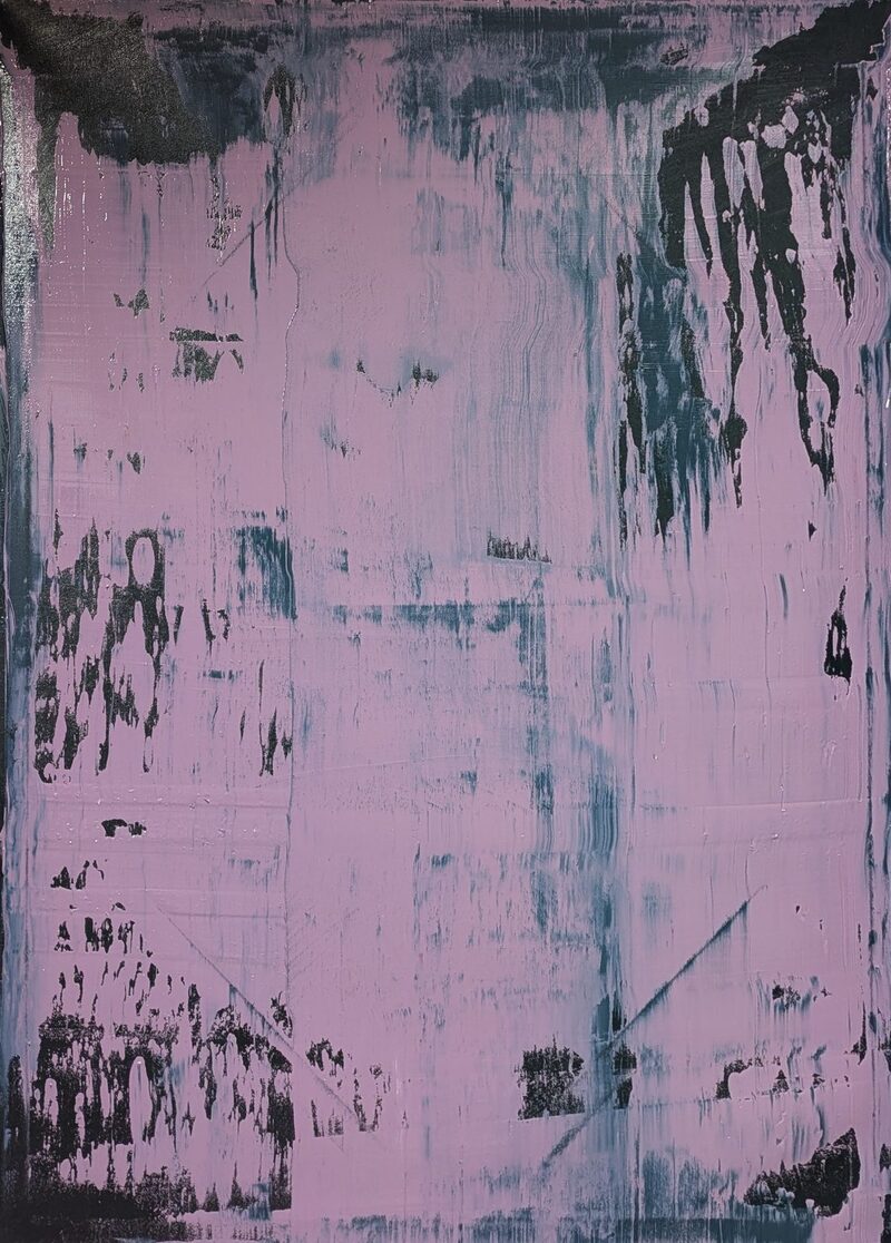 Tokyo Vibrance — abstract oil painting in progress; a soft pink field scraped thin, dark green underlayers surfacing at the corners