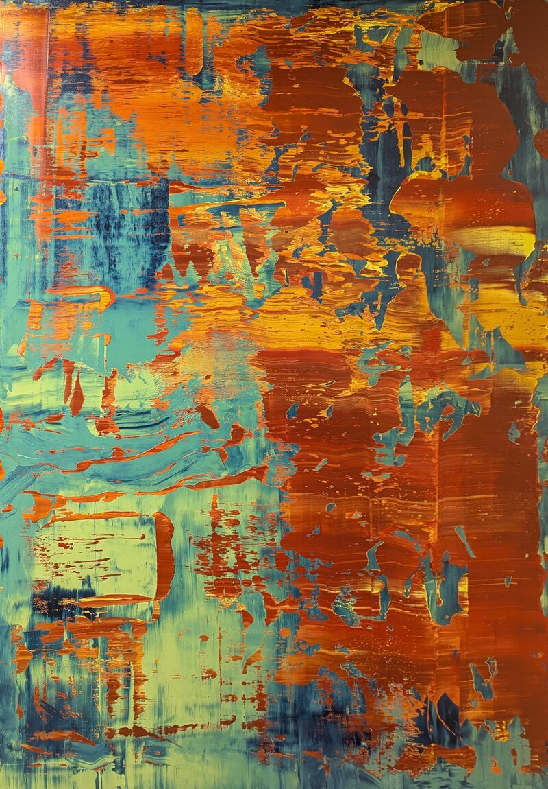 Turbo — abstract oil painting; molten orange and red dragged over turquoise, with flashes of yellow breaking through