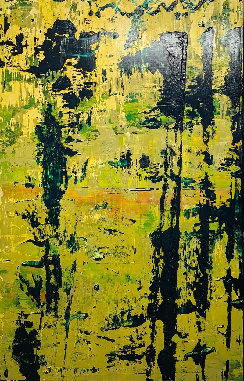 Viridis Reworked in Three Parts: Middle — abstract oil painting; vertical black marks dripping through layered chartreuse and yellow, a glow of orange at the center