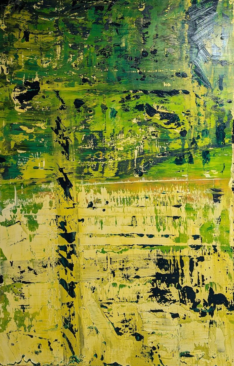 Viridis Reworked in Three Parts: Left — abstract oil painting; leafy greens over a pale yellow field interrupted by black drags and spatter