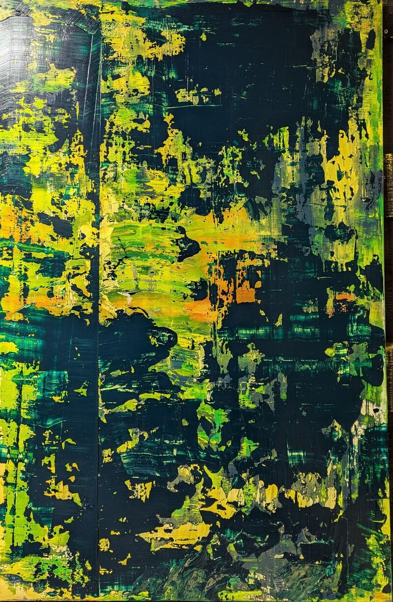 Viridis Reworked in Three Parts: Right — abstract oil painting; yellow-green and orange breaking through a dense near-black surface
