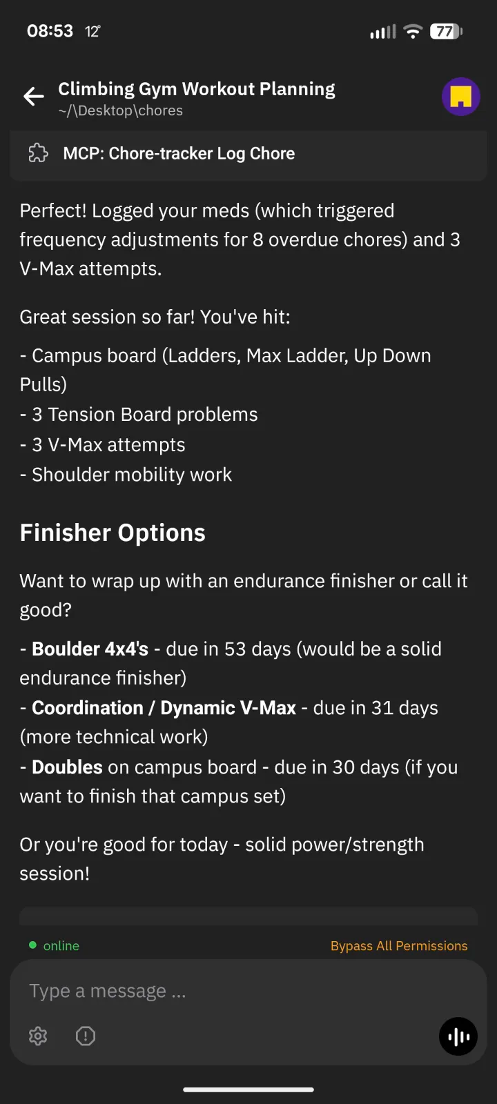 Mobile climbing workout planning example