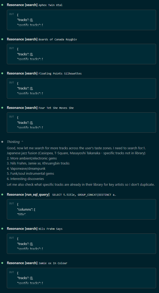The agent searching across multiple artists and running SQL queries to build a recommendation set